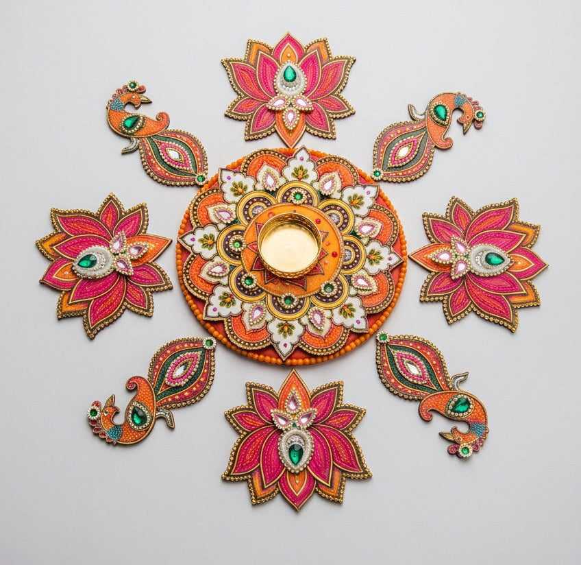 Mayura Lotus Floral Rangoli and Diya Décor