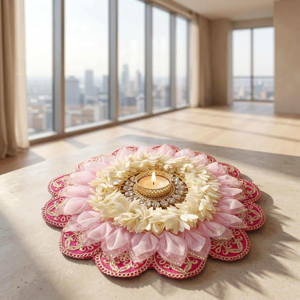 Blush Lotus Floral Rangoli and Diya Décor
