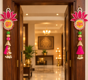Handmade Shubh Labh Pink Lotus Door Hanging Pair with Mirror Work & Tassels | Shecanova