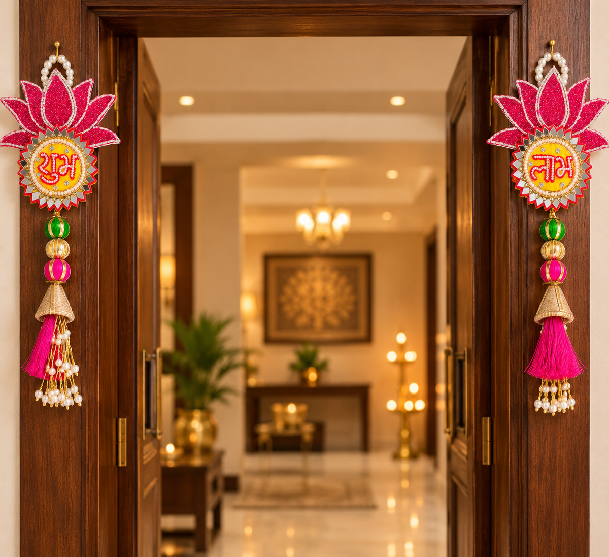 Handmade Shubh Labh Pink Lotus Door Hanging Pair with Mirror Work & Tassels | Shecanova