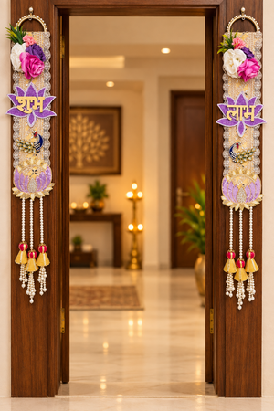 Handmade Shubh Labh Lotus Door Hanging Pair with Pearls & Flowers | Shecanova