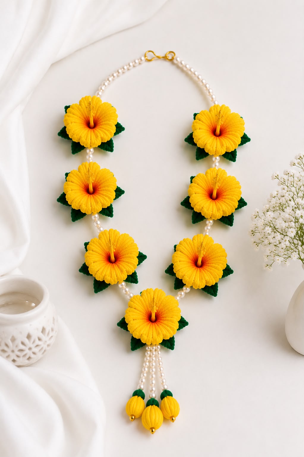 Handmade Yellow Hibiscus Floral Maala – Pipe Cleaner Pooja Garland | SC-3-5