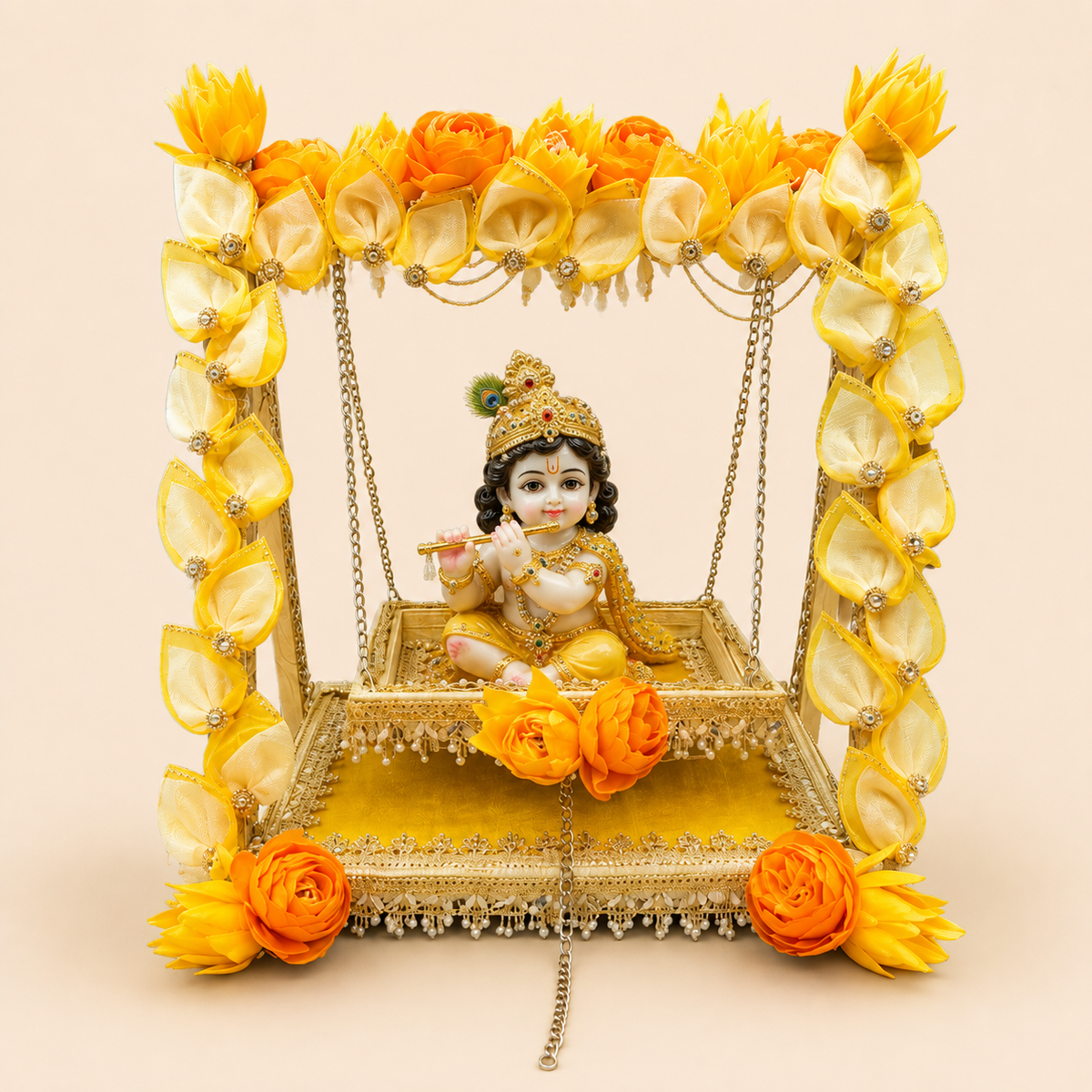 Handcrafted Floral Jhula for Laddu Gopal – Yellow & Gold with idol