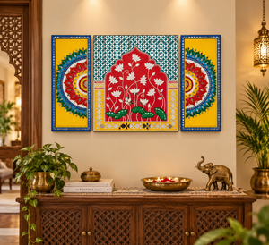 Lotus Heritage Lippan Wall Art – Colourful 3-Panel Indian Wall Décor | 30 × 18 Inch