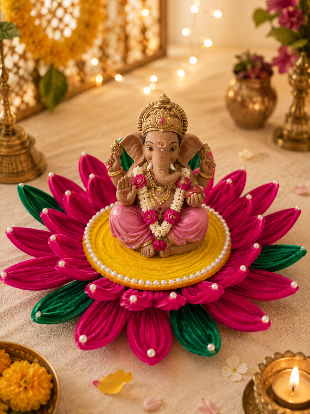 Handmade Lotus Pooja Aasan, Chowki for Ganpati, Krishna or Other Idols – 15 Inch | Pipe Cleaner & MDF