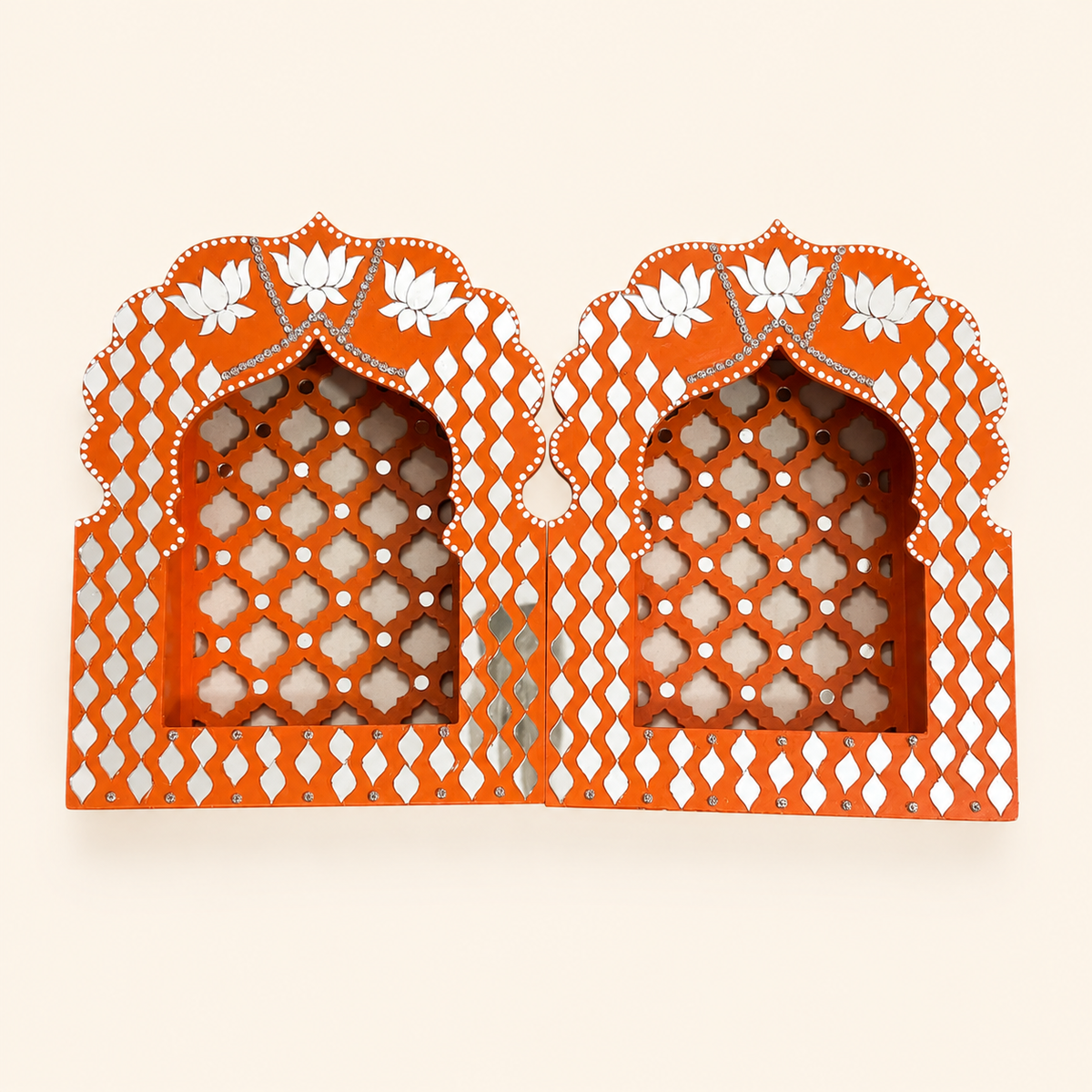 Rajwadi Orange Jharokha – Handcrafted MDF Wall Décor with Mirror Work | 12 × 9 × 3 Inch