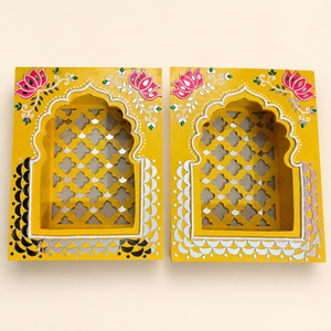 Rajwadi Yellow Jharokha – Handcrafted MDF Wall Décor with Mirror Work | 12 × 9 × 3 Inch