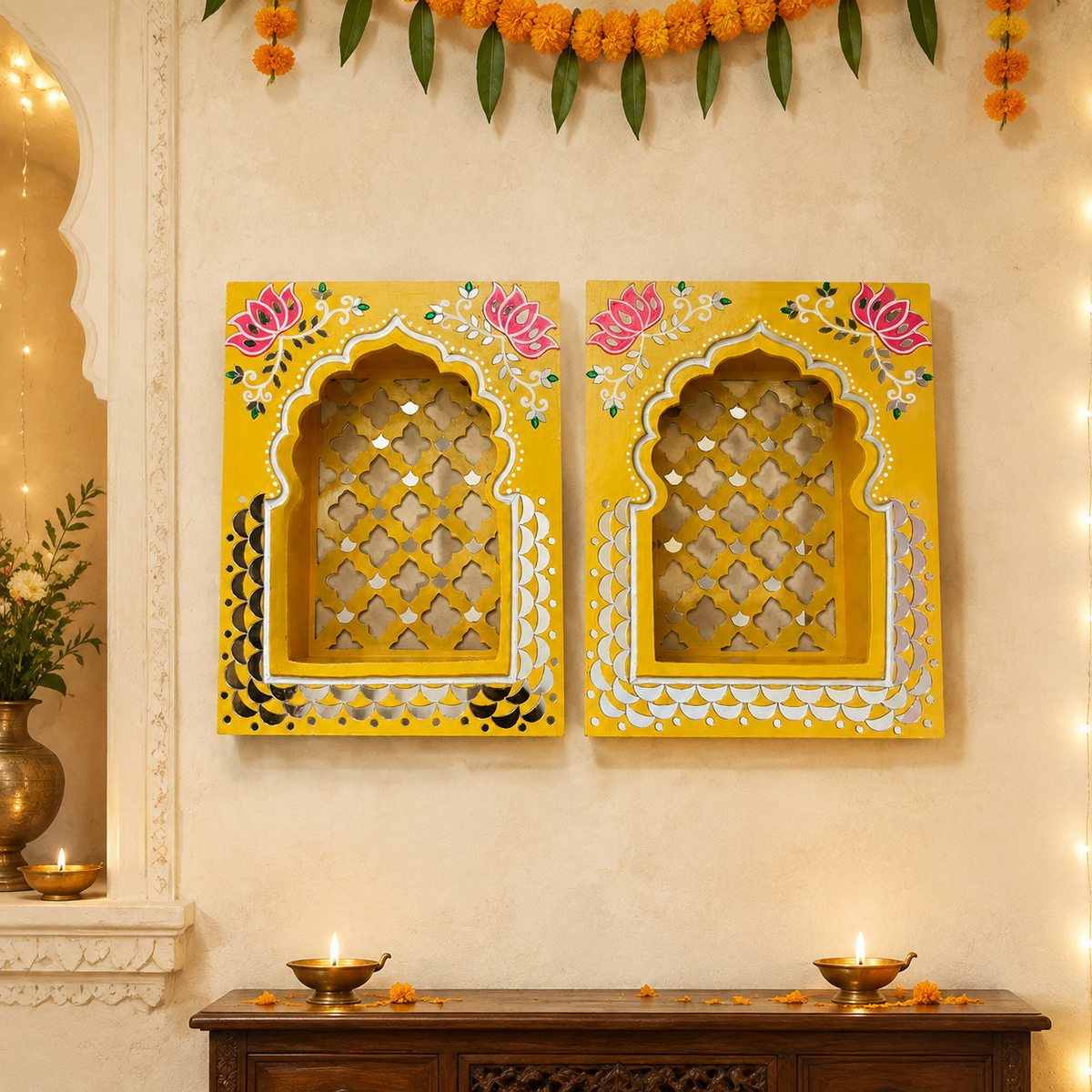 Rajwadi Yellow Jharokha – Handcrafted MDF Wall Décor with Mirror Work | 12 × 9 × 3 Inch