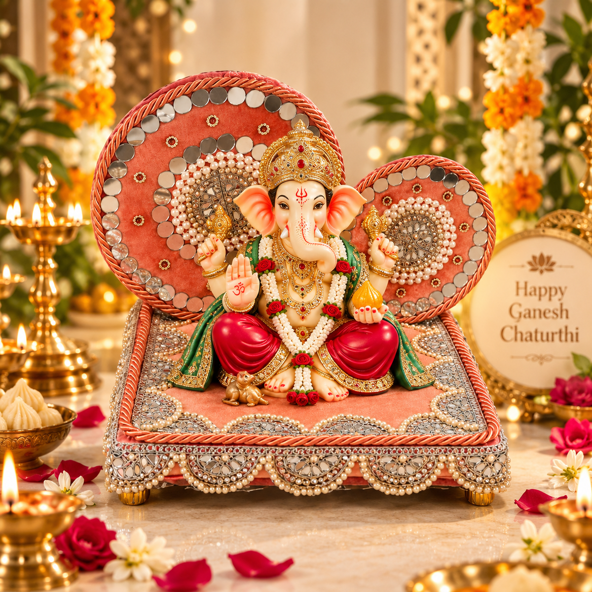 Royal Mirror Work Singhasan for God Idol – Pearl Embellished Handcrafted Pooja Throne | 8, 10, 12 Inch