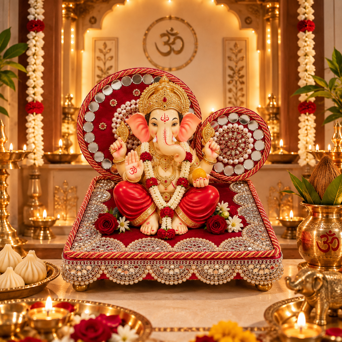 Royal Mirror Work Singhasan for God Idol – Pearl Embellished Handcrafted Pooja Throne | 8, 10, 12 Inch