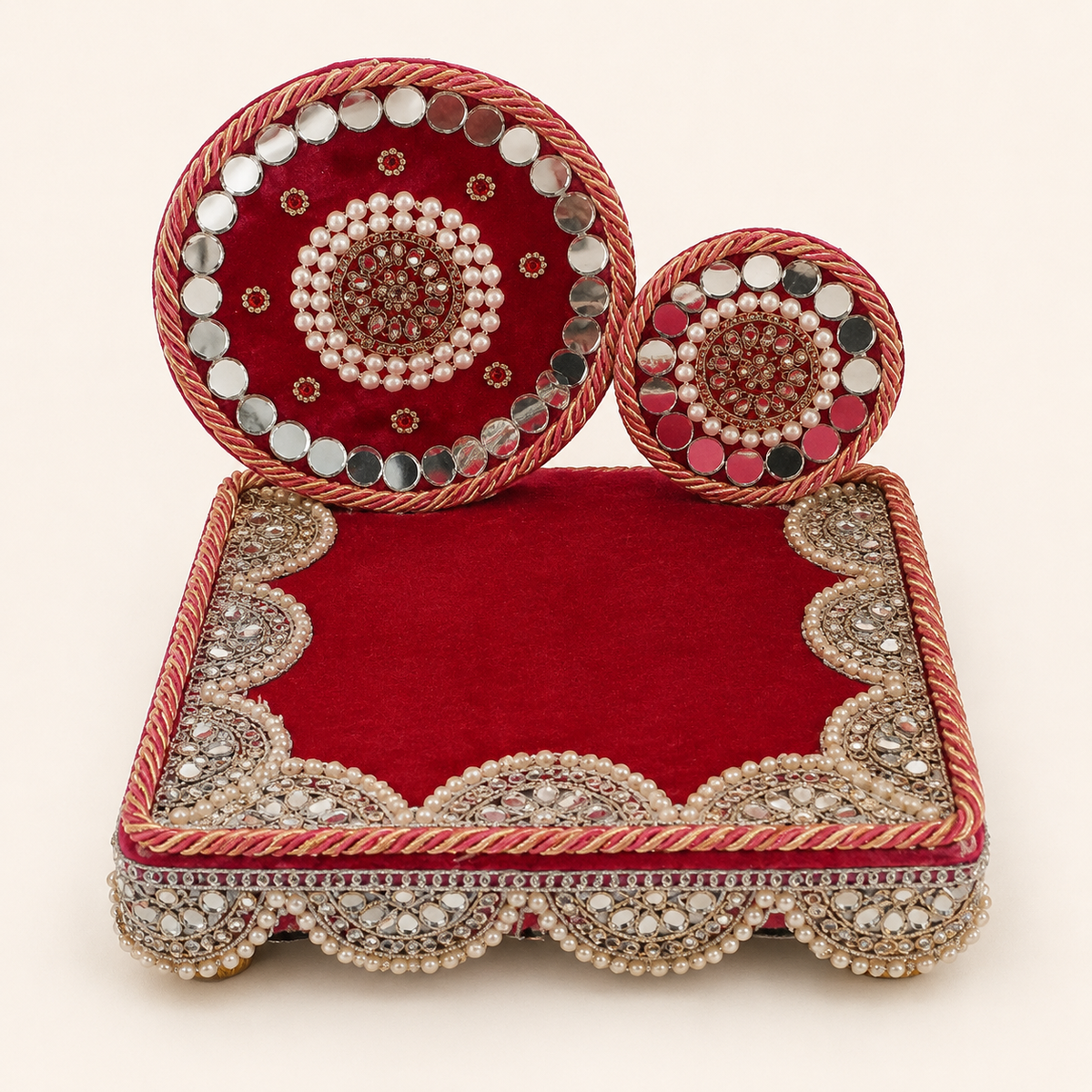 Royal Mirror Work Singhasan for God Idol – Pearl Embellished Handcrafted Pooja Throne | 8, 10, 12 Inch
