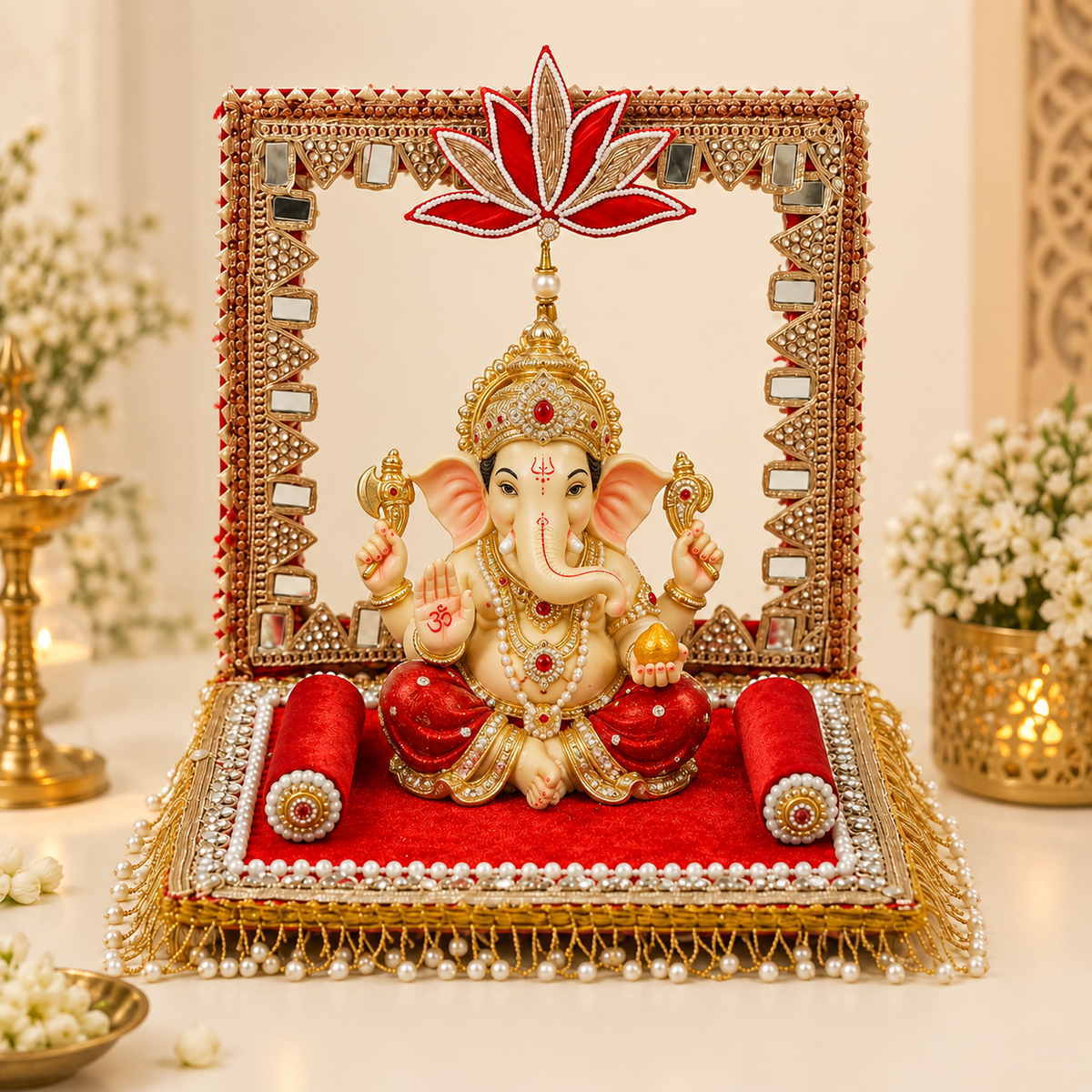 Royal Red Lotus Singhasan 12 Inch – shown with Ganpati idol