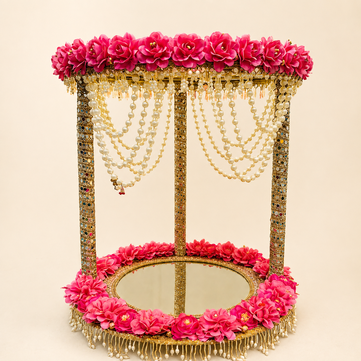 Royal Floral Canopy Singhasan SC-7-16 – pink roses, pearl strings and mirror work