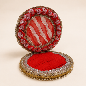 Royal red round singhasan empty view showing circular backdrop and velvet base