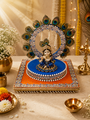 Peacock Aasan/Singhasan/Chowki for Ganpati Bappa – Blue & Orange Handcrafted Pooja Seat with Pearl & Mirror Work