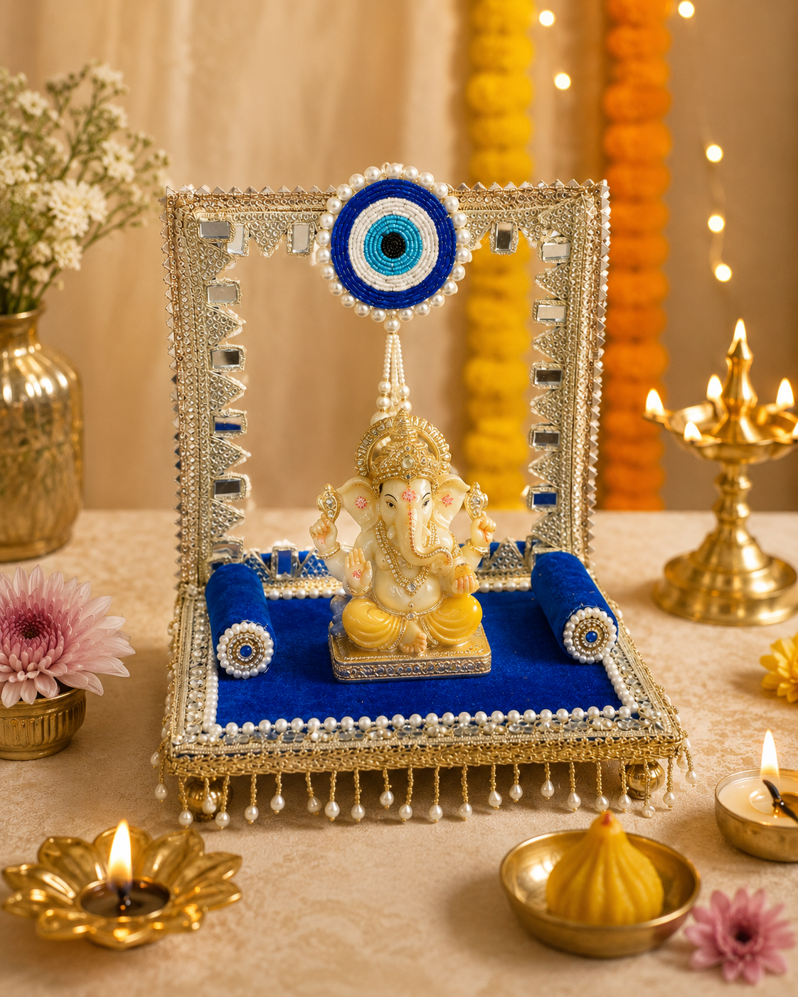 Royal blue evil eye singhasan styled with Ganpati idol and diyas