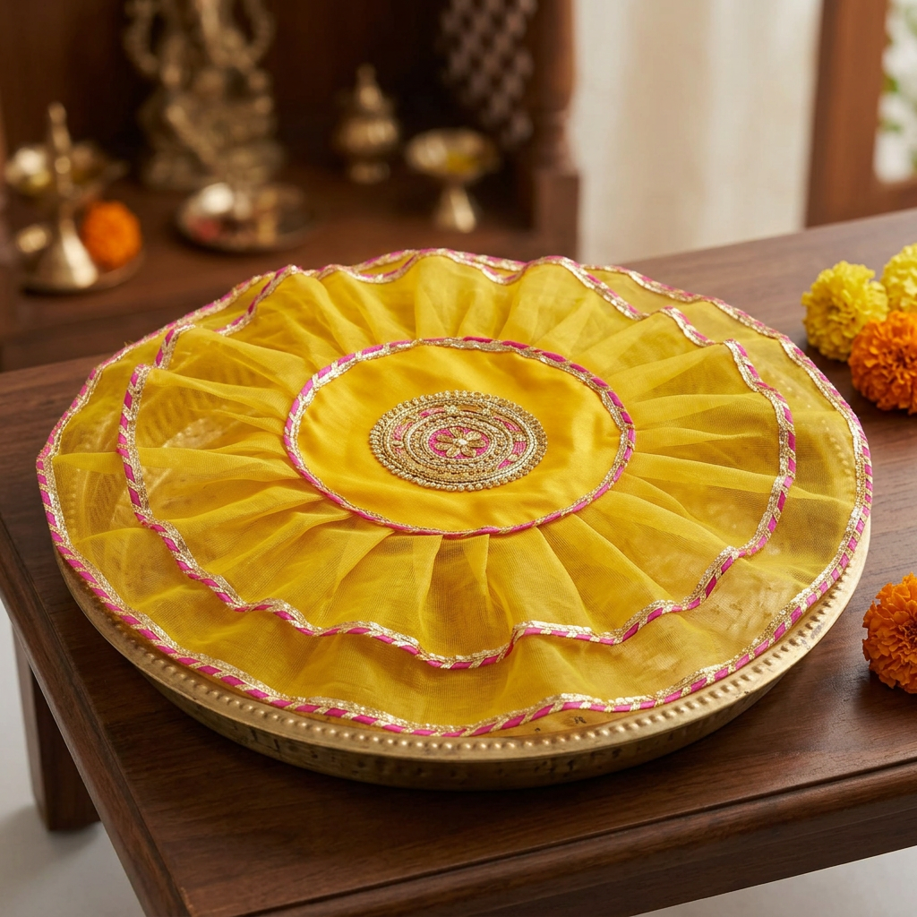 One yellow thaalposh covering a brass pooja thali