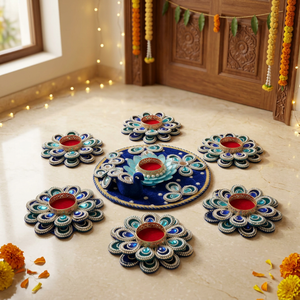 Royal Neel Lotus Rangoli and Diya Set in a festive floor setting