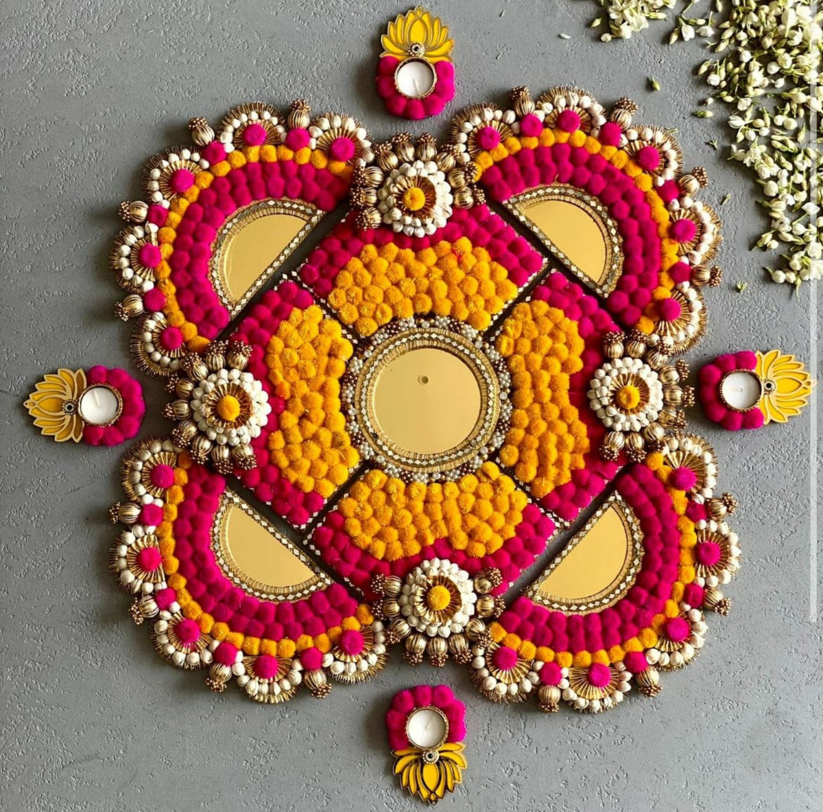 Gulabi Marigold Floral Rangoli and Diya Set