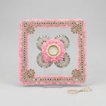 Baby Pink Marigold Square Rangoli, Diya Décor & Table Runner Accent