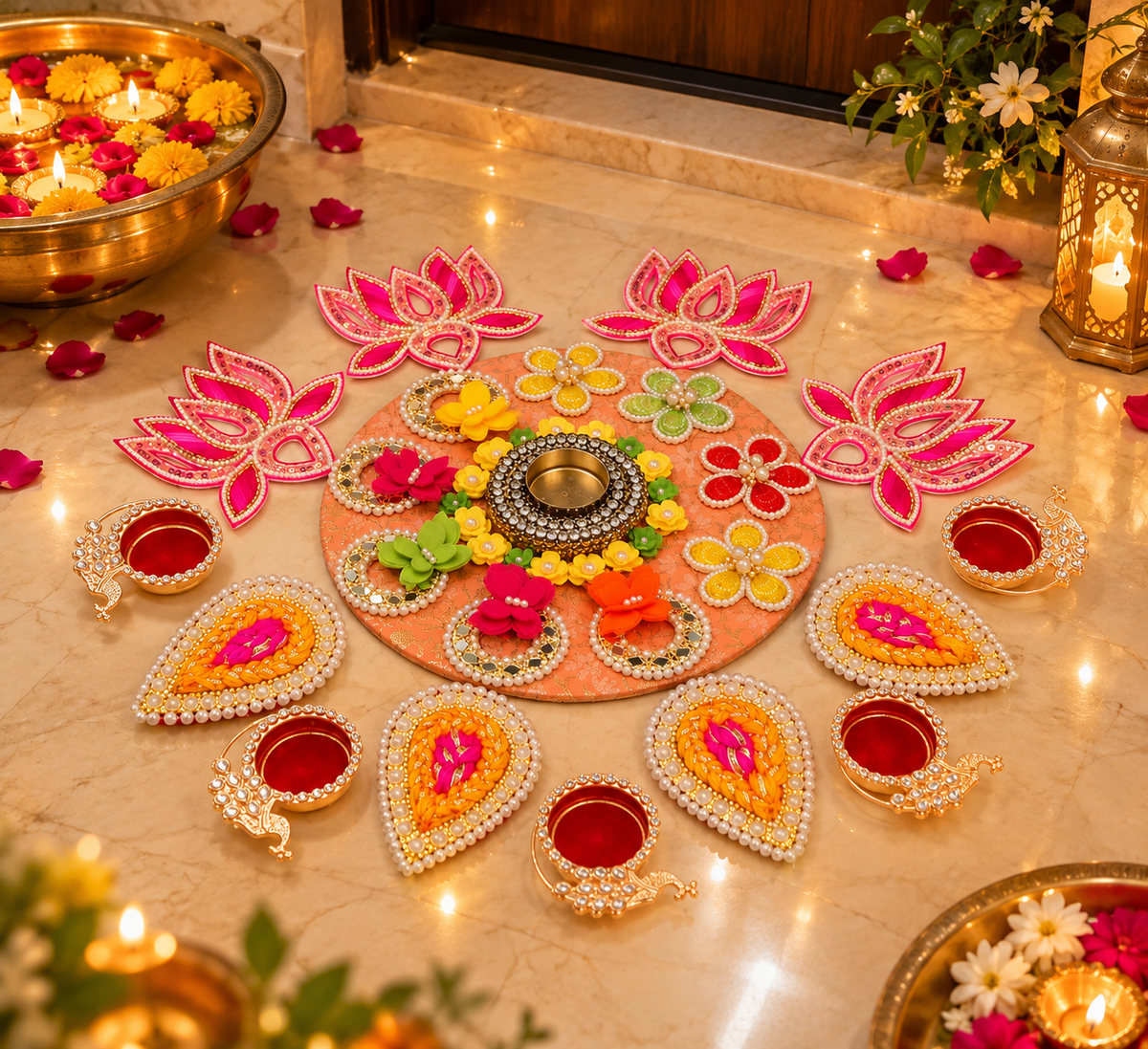 Lotus Blossom Floral Rangoli & Diya Set