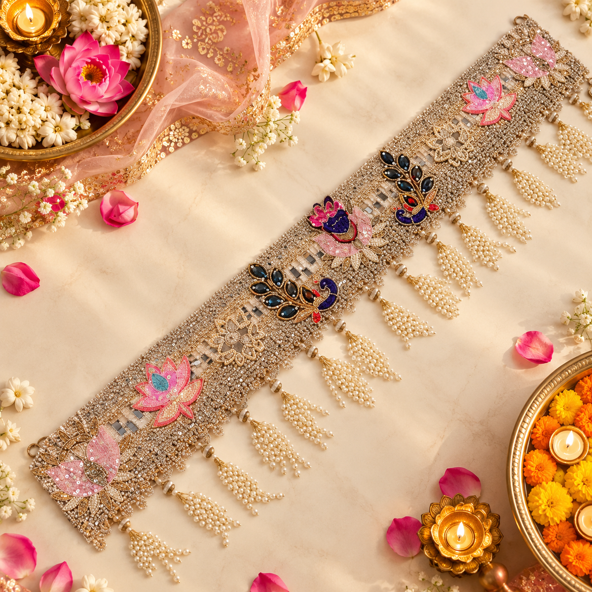 Handmade Peacock & Lotus Bandhanwar Toran with Pearl Tassels