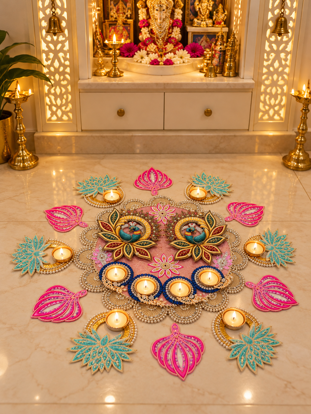 Royal Peacock Rangoli & Diya Décor Set