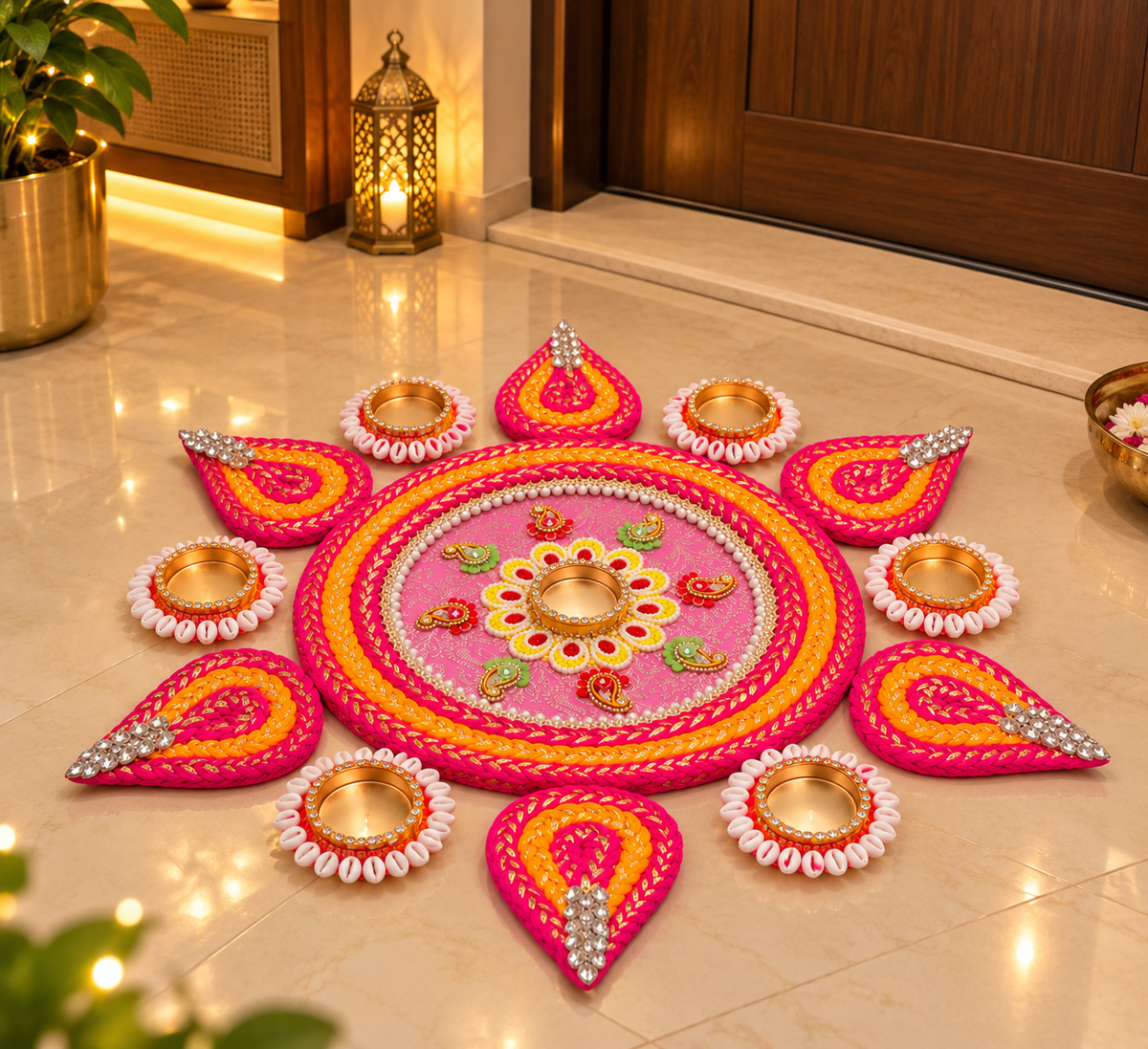 Rani Pink & Marigold Rangoli Diya Set