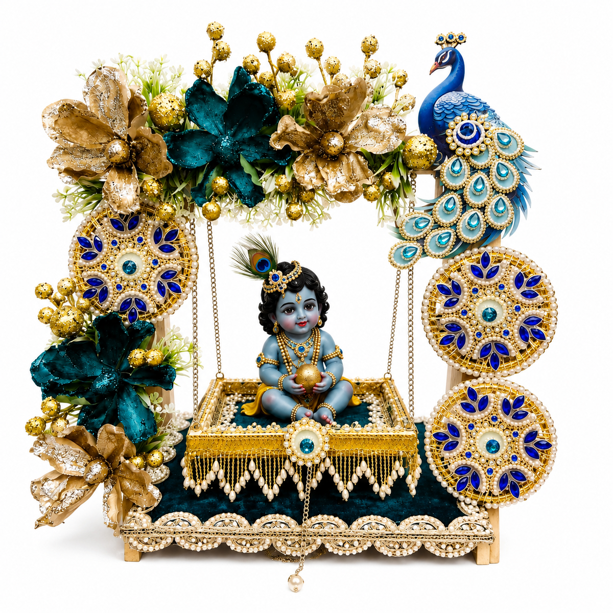 Handmade Krishna Peacock Jhula Singhasan | Laddu Gopal Pooja Aasan, Chowki 8-12 inch
