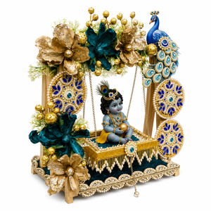 Handmade Krishna Peacock Jhula Singhasan | Laddu Gopal Pooja Aasan, Chowki 8-12 inch