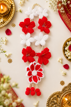 Handmade Hibiscus Floral Maala – Red & White Pipe Cleaner Pooja Garland