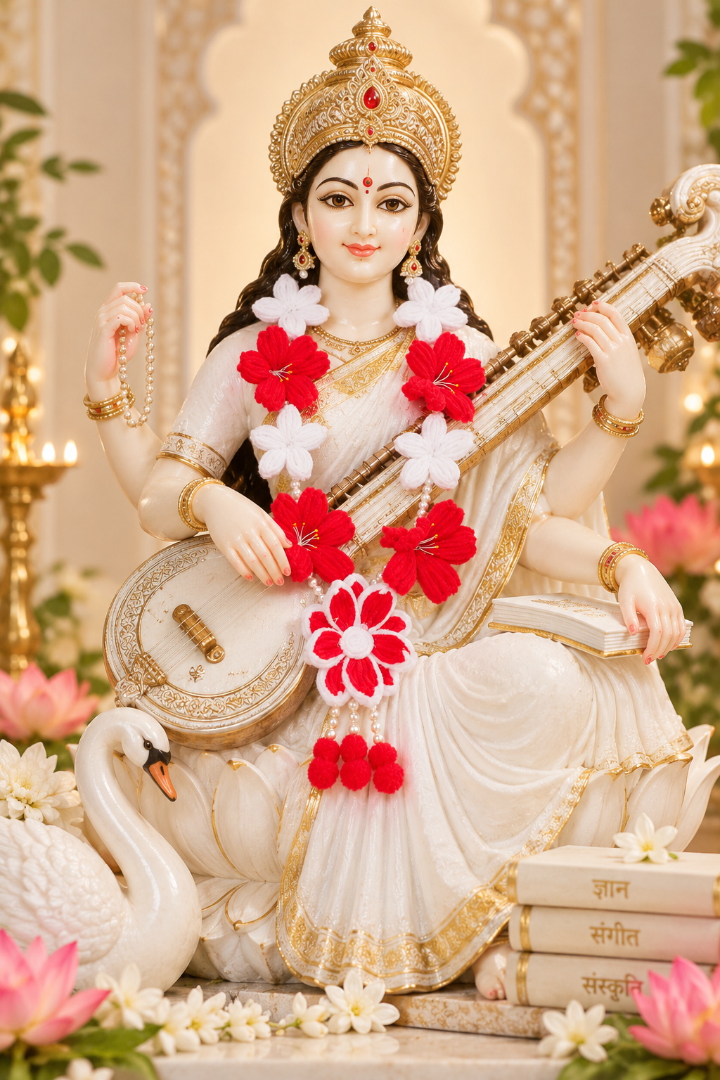 Handmade Hibiscus Floral Maala – Red & White Pipe Cleaner Pooja Garland
