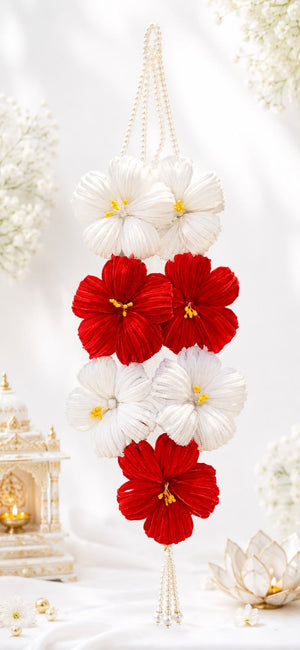 Handmade Red & White Hibiscus Maala – Pipe Cleaner Pooja Garland