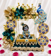 Handmade Krishna peacock jhula singhasan for Laddu Gopal available in 8, 10 and 12 inch sizes