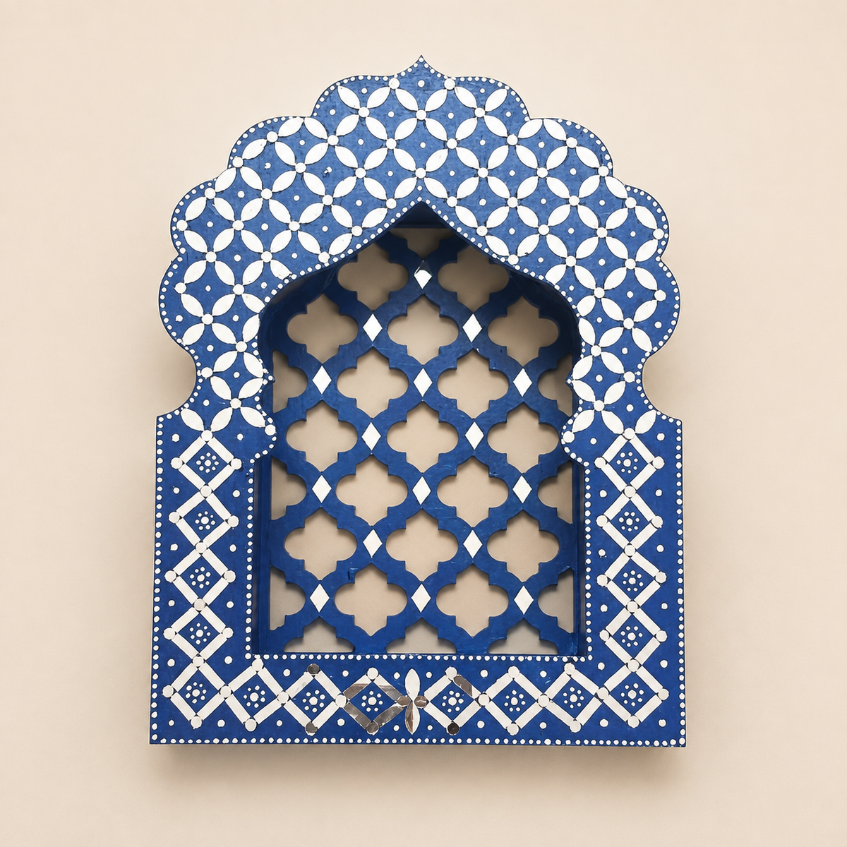 Rajwadi Blue Jharokha SC-9-6 – product view showing blue-white geometric lattice and mirror work