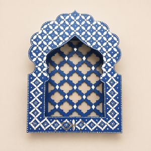 Rajwadi Blue Jharokha SC-9-6 – product view showing blue-white geometric lattice and mirror work