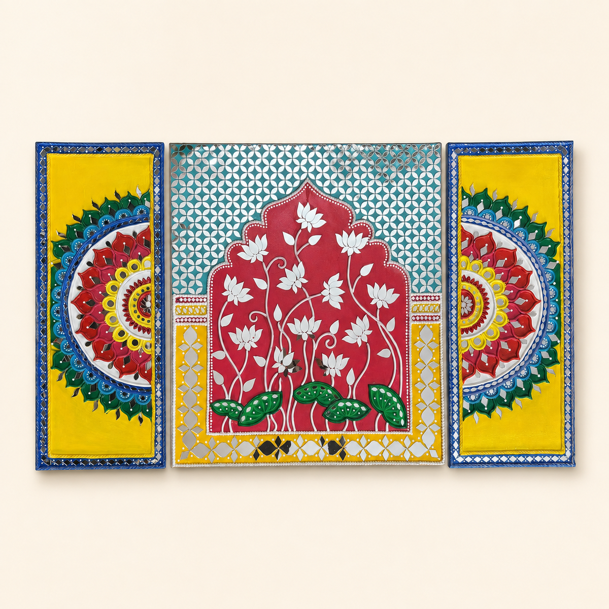 Lotus Heritage Lippan Wall Art SC-9-8 – 3-panel product view with lotus centre, mandala side panels and mirror work