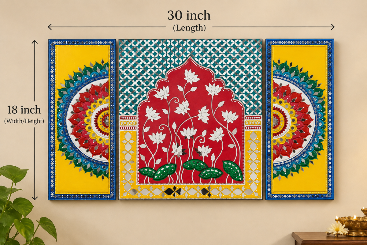 Lotus Heritage Lippan Wall Art – Colourful 3-Panel Indian Wall Décor | 30 × 18 Inch