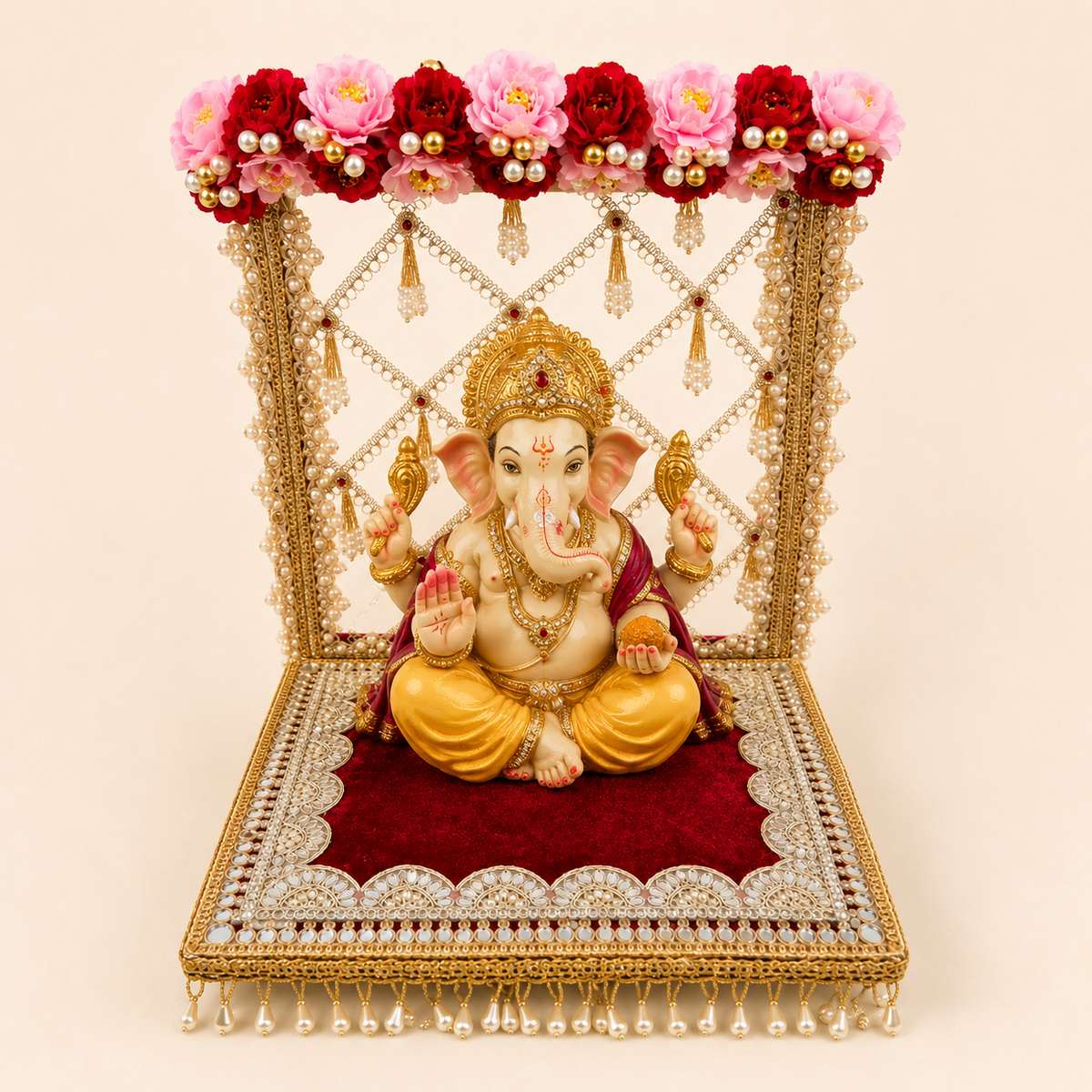 Handcrafted Floral Singhasan for God Idol – Red & Gold, 12 Inch
