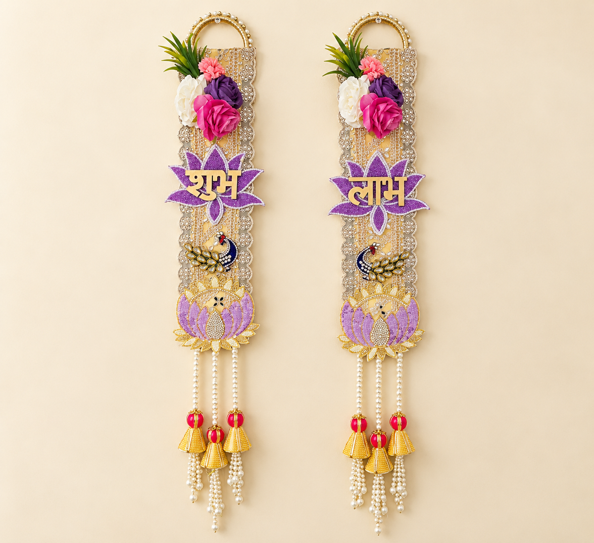 Handmade Shubh Labh Lotus Door Hanging Pair with Pearls & Flowers | Shecanova