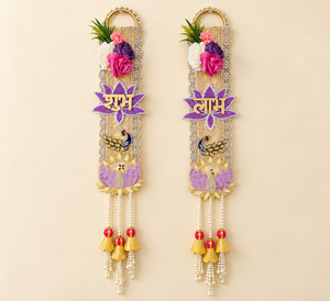 Handmade Shubh Labh Lotus Door Hanging Pair with Pearls & Flowers | Shecanova