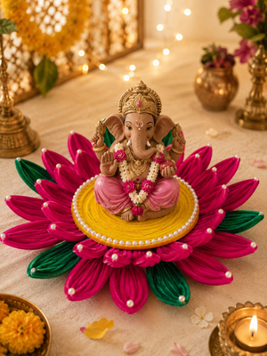 Handmade Lotus Pooja Aasan, Chowki for Ganpati, Krishna or Other Idols – 12 Inch | Pipe Cleaner & MDF