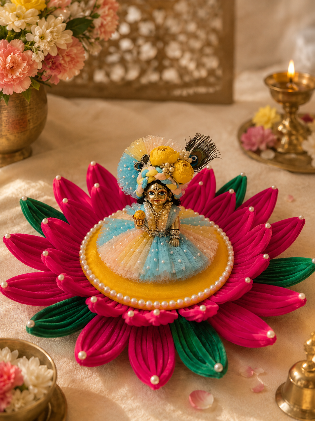 Handmade Lotus Pooja Aasan, Chowki for Ganpati, Krishna or Other Idols – 12 Inch | Pipe Cleaner & MDF