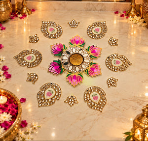 Lotus Kundan Rangoli Diya Set