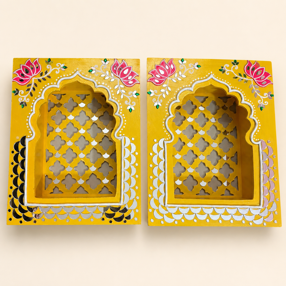 Rajwadi Yellow Jharokha – Handcrafted MDF Wall Décor with Mirror Work | 12 × 9 × 3 Inch