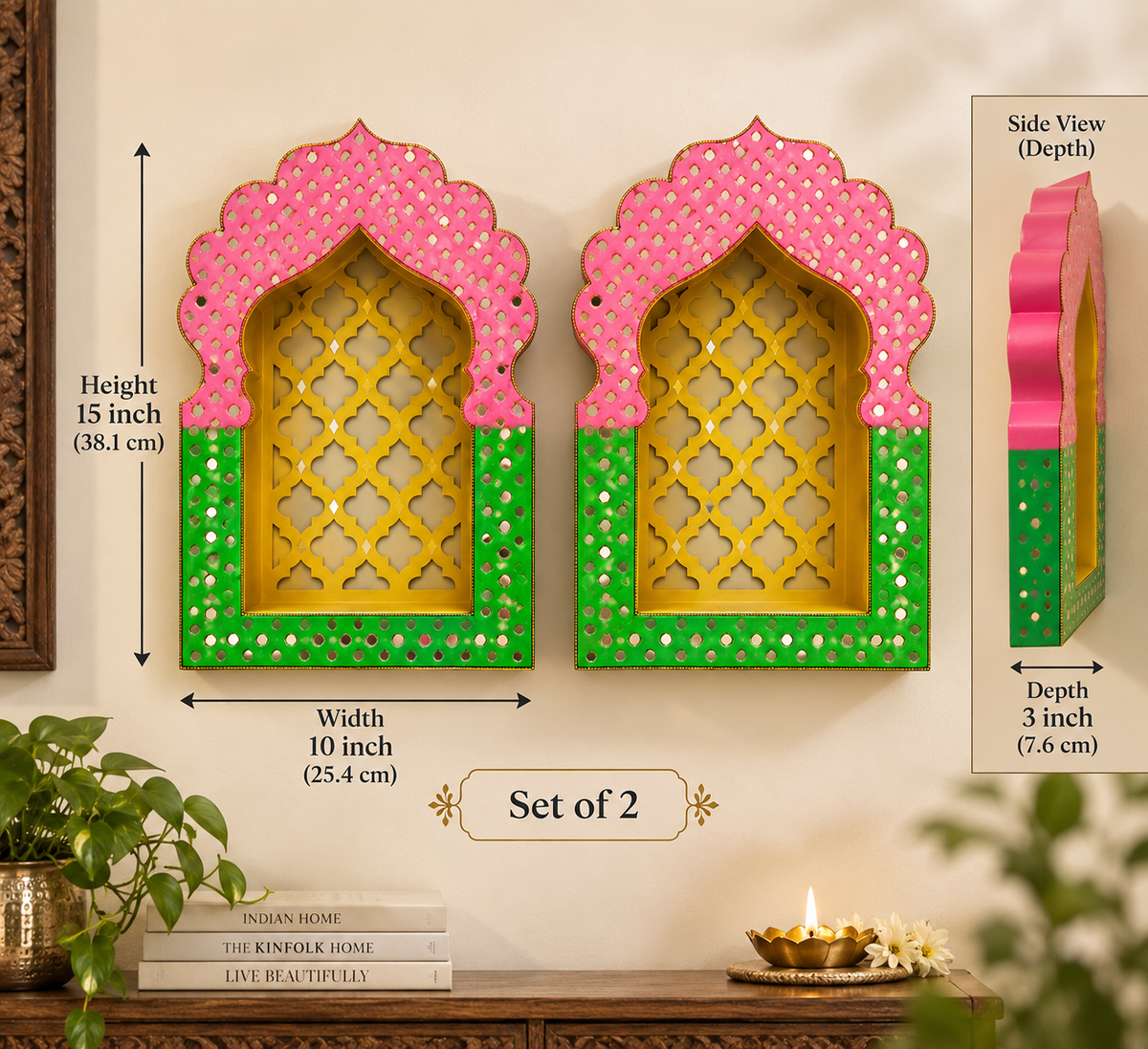Rang Mahal Pink & Green Rajwadi Jharokha Set – Handcrafted Mirror Work Wall Décor | 15 × 10 × 3 Inch