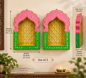 Rang Mahal Pink & Green Rajwadi Jharokha Set – Handcrafted Mirror Work Wall Décor | 15 × 10 × 3 Inch