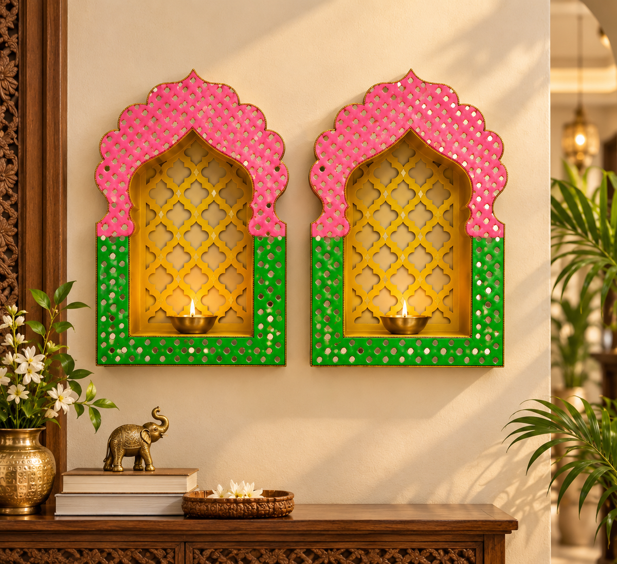 Rang Mahal Pink & Green Rajwadi Jharokha Set – Handcrafted Mirror Work Wall Décor | 15 × 10 × 3 Inch