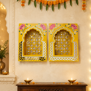 Rajwadi Yellow Jharokha – Handcrafted MDF Wall Décor with Mirror Work | 12 × 9 × 3 Inch