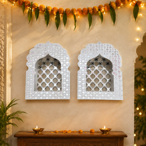 Rajwadi White Jharokha – Handcrafted MDF Wall Décor with Mirror Work | 12 × 9 × 3 Inch